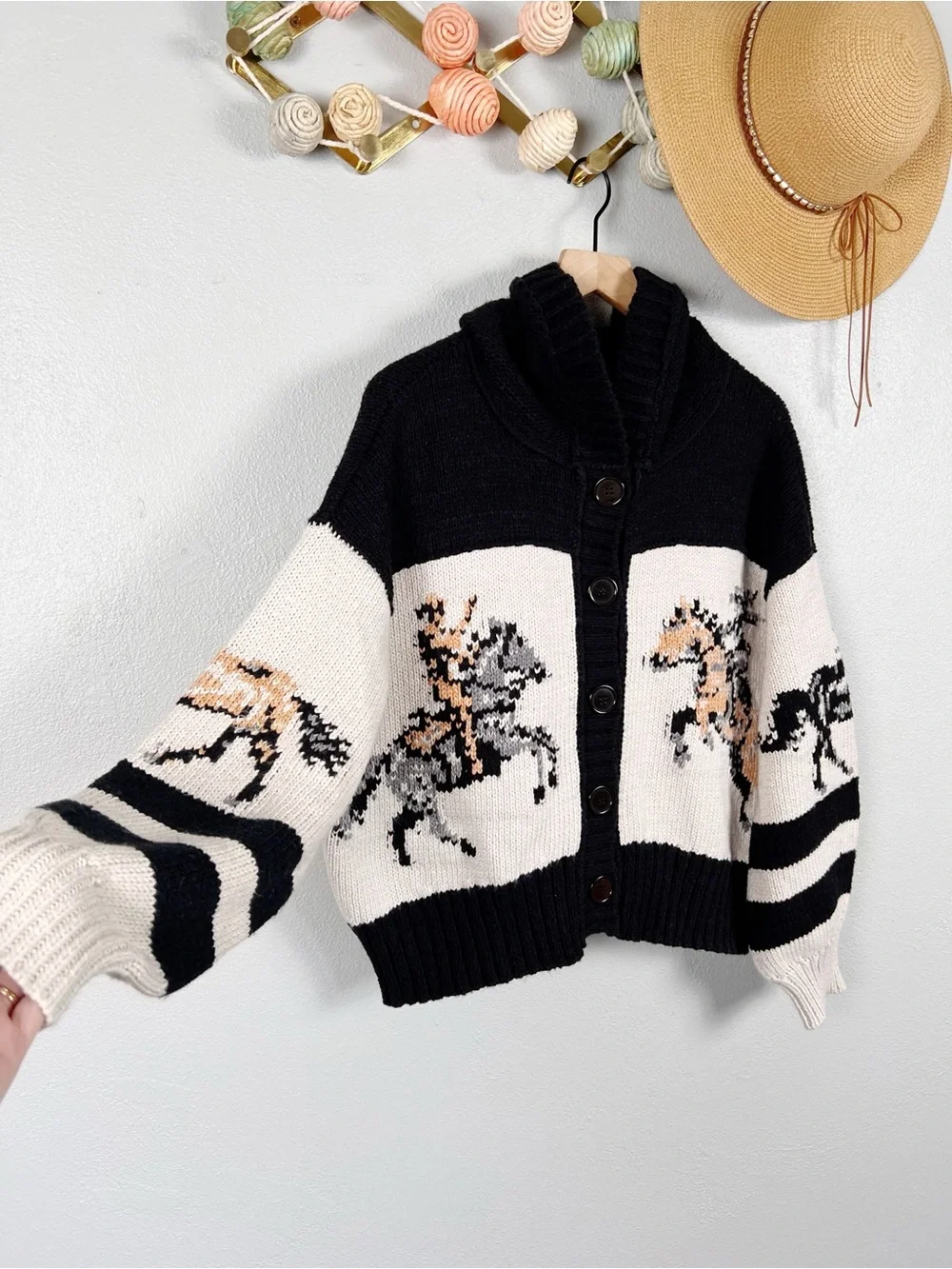 NWT Anthropologie Pilcro Horse Graphic Chunky Knit Cardigan Sweater Size Medium